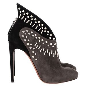 Alaïa Winged Embellished Heeled Ankle Boots in Grey and Black Suede
